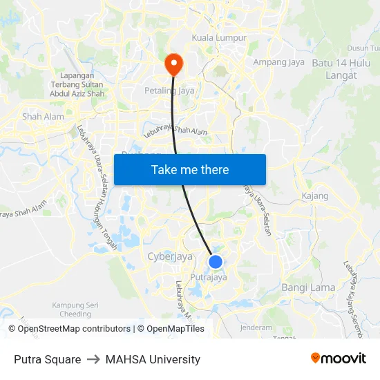 Putra Square to MAHSA University map