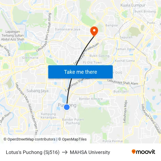 Lotus's Puchong (Sj516) to MAHSA University map