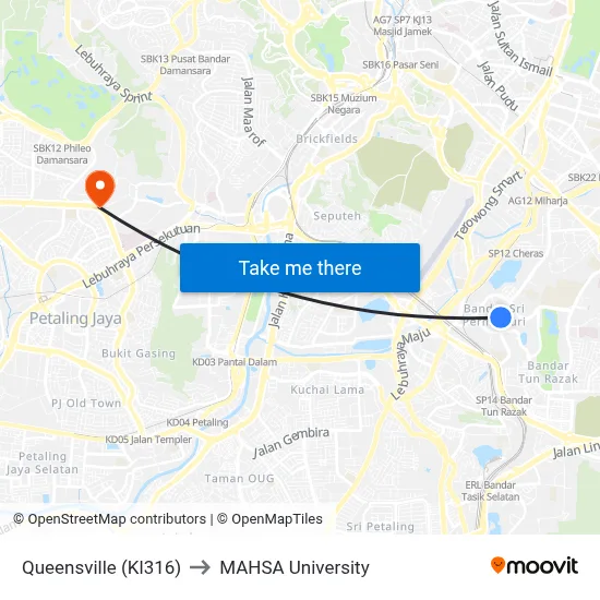 Queensville (Kl316) to MAHSA University map