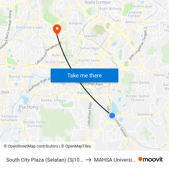 South City Plaza (Selatan) (Sj101) to MAHSA University map
