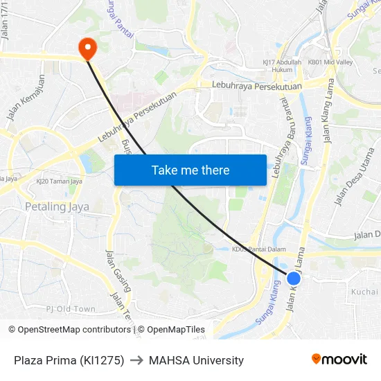 Plaza Prima (Kl1275) to MAHSA University map