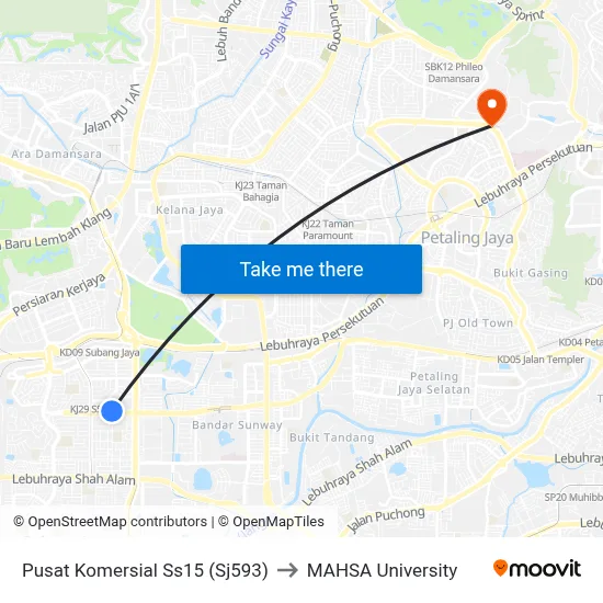 Pusat Komersial Ss15 (Sj593) to MAHSA University map