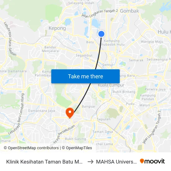 Klinik Kesihatan Taman Batu Muda to MAHSA University map