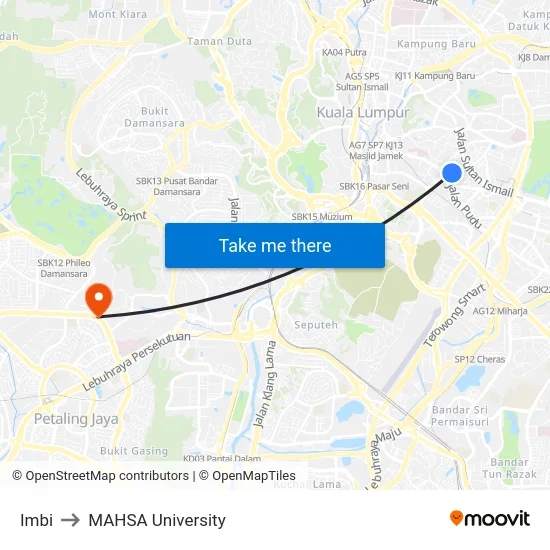Imbi to MAHSA University map