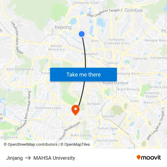 Jinjang to MAHSA University map
