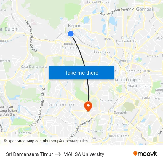 Sri Damansara Timur to MAHSA University map