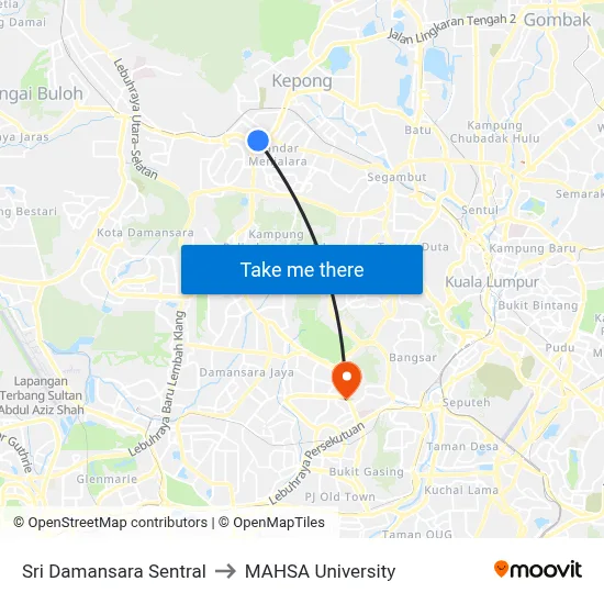 Sri Damansara Sentral to MAHSA University map