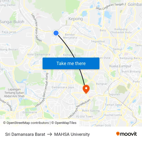 Sri Damansara Barat to MAHSA University map