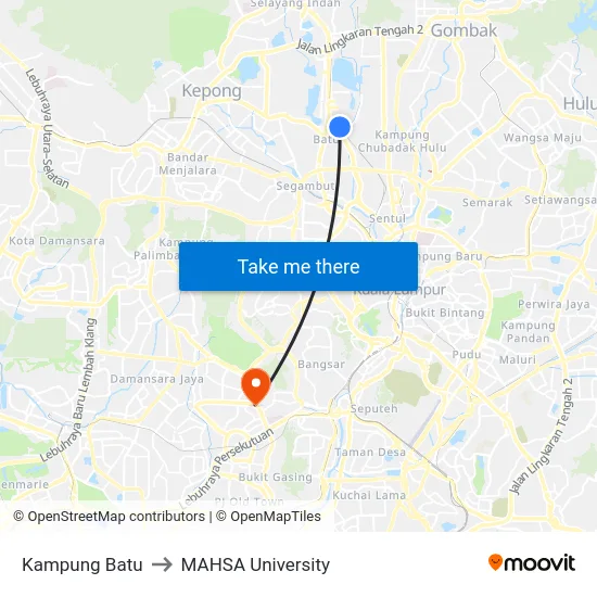 Kampung Batu to MAHSA University map