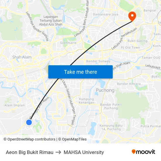 Aeon Big Bukit Rimau to MAHSA University map