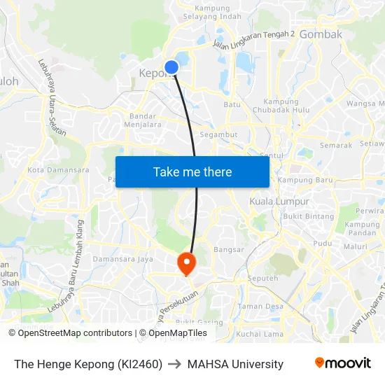 The Henge Kepong (Kl2460) to MAHSA University map