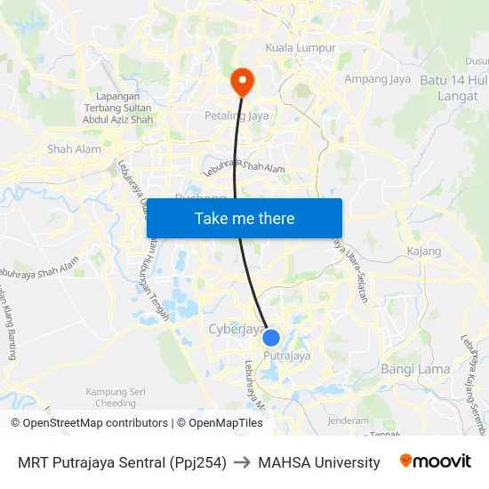 MRT Putrajaya Sentral (Ppj254) to MAHSA University map