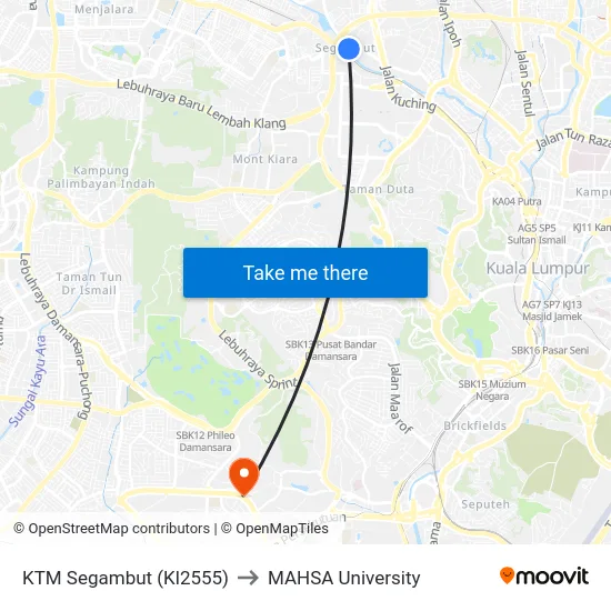 KTM Segambut (Kl2555) to MAHSA University map