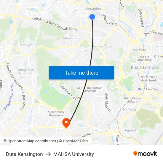 Duta Kensington to MAHSA University map