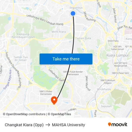 Changkat Kiara (Opp) to MAHSA University map