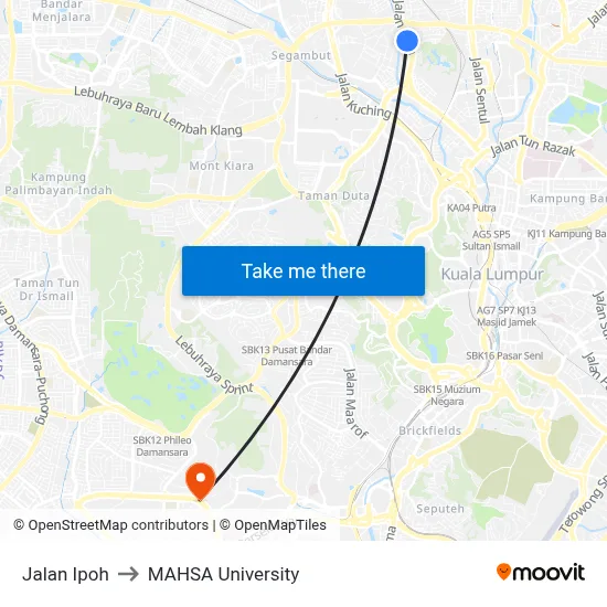 Jalan Ipoh to MAHSA University map