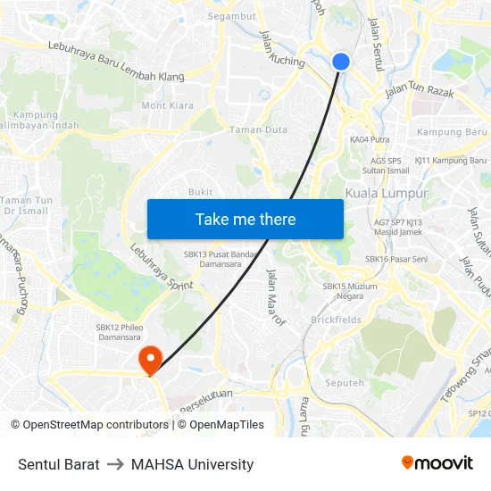 Sentul Barat to MAHSA University map