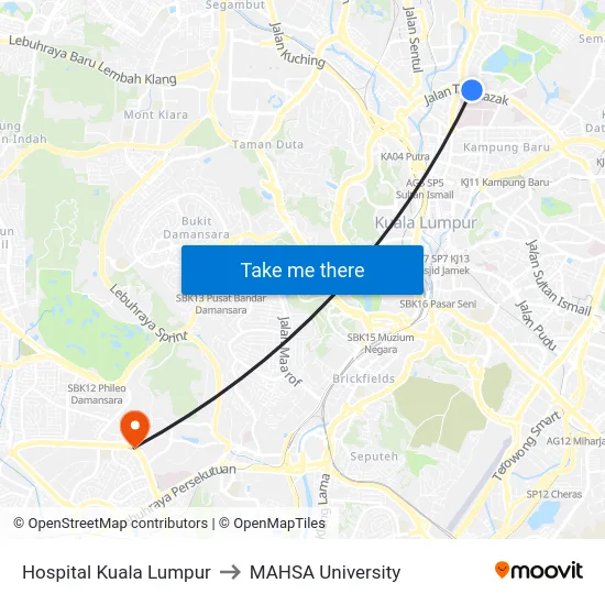 Hospital Kuala Lumpur to MAHSA University map