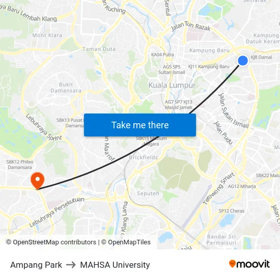 Ampang Park to MAHSA University map