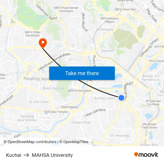 Kuchai to MAHSA University map