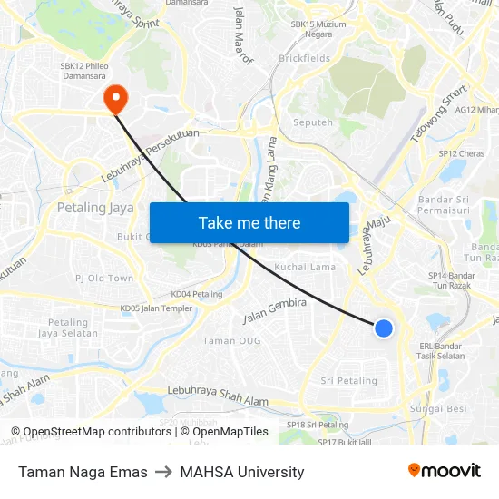 Taman Naga Emas to MAHSA University map