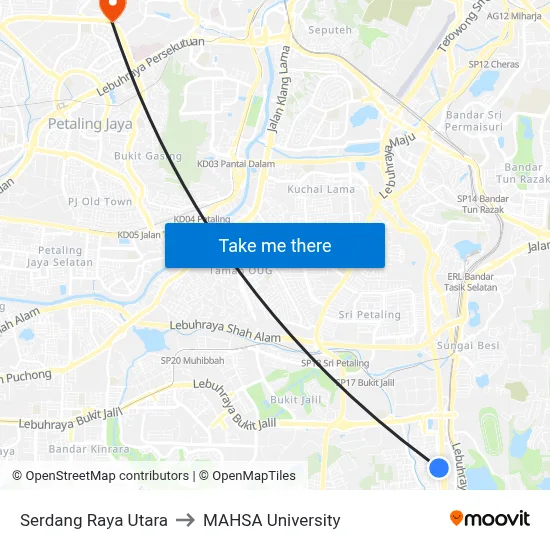 Serdang Raya Utara to MAHSA University map