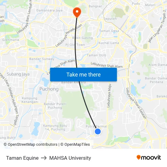 Taman Equine to MAHSA University map
