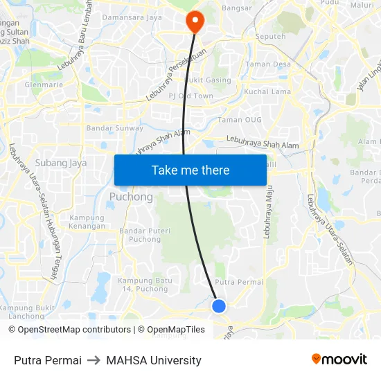 Putra Permai to MAHSA University map