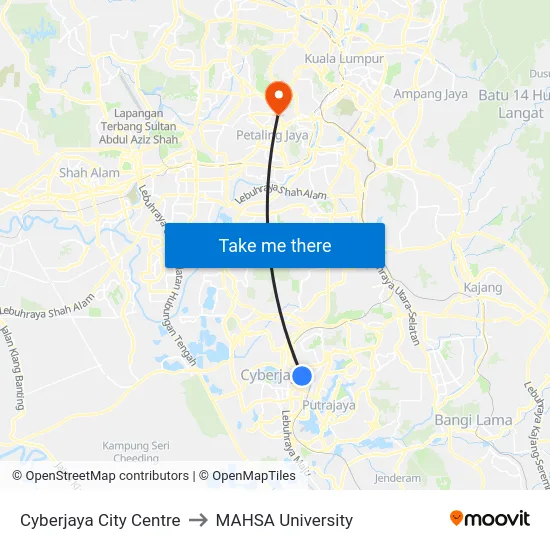 Cyberjaya City Centre to MAHSA University map