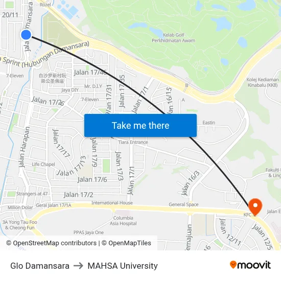 Glo Damansara to MAHSA University map