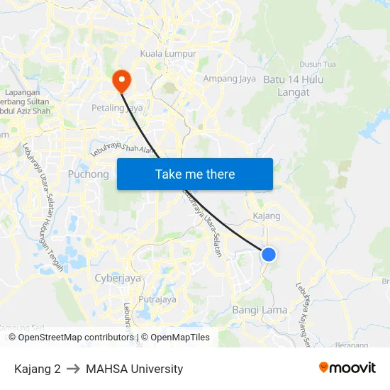 Kajang 2 to MAHSA University map