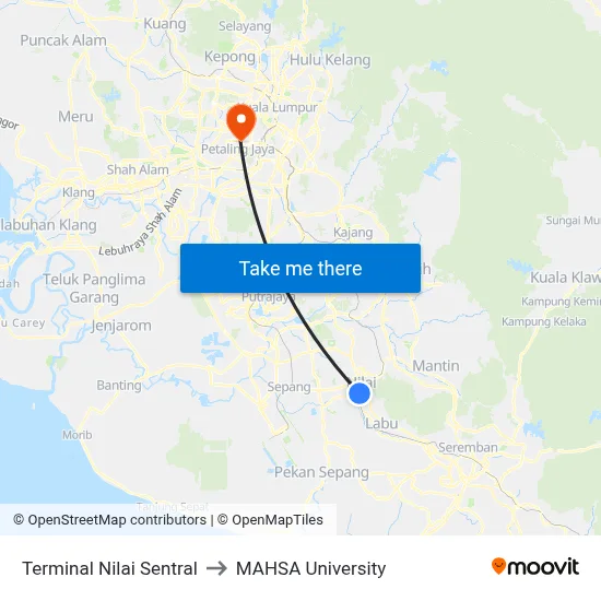 Terminal Nilai Sentral to MAHSA University map