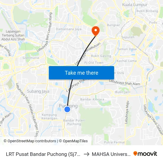 LRT Pusat Bandar Puchong (Sj735) to MAHSA University map