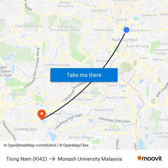 Tiong Nam (Kl42) to Monash University Malaysia map