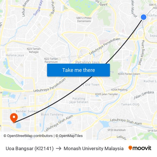 Uoa Bangsar (Kl2141) to Monash University Malaysia map