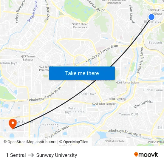 1 Sentral to Sunway University map