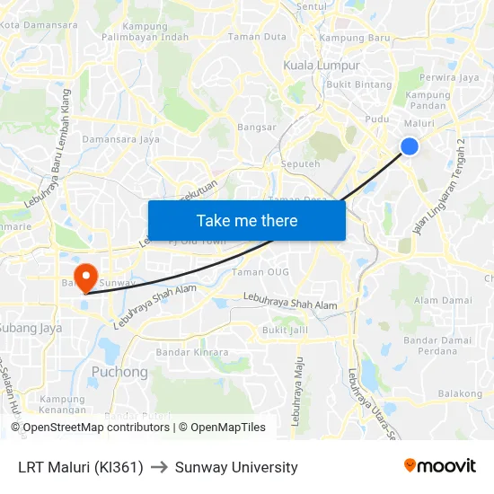 LRT Maluri (Kl361) to Sunway University map