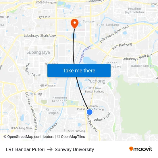 LRT Bandar Puteri to Sunway University map