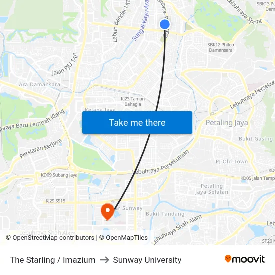 The Starling / Imazium to Sunway University map