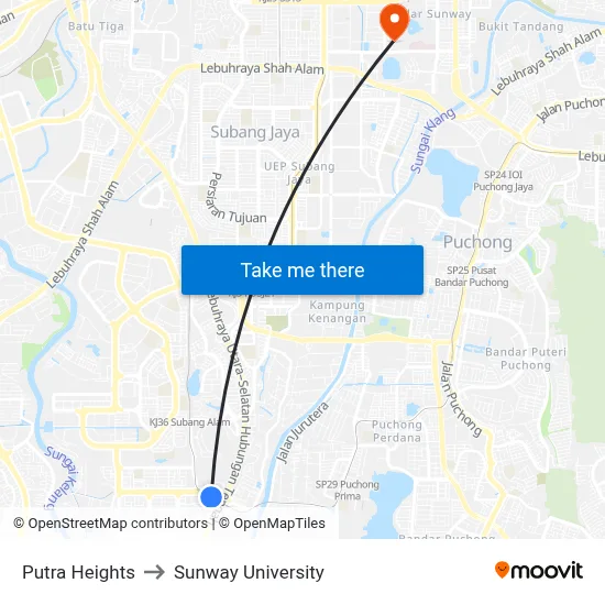 Putra Heights to Sunway University map
