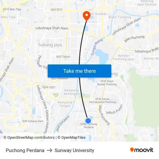 Puchong Perdana to Sunway University map