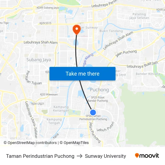Taman Perindustrian Puchong to Sunway University map