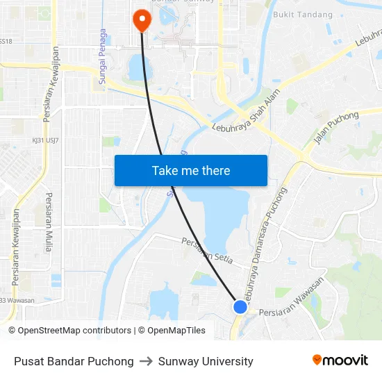 Pusat Bandar Puchong to Sunway University map