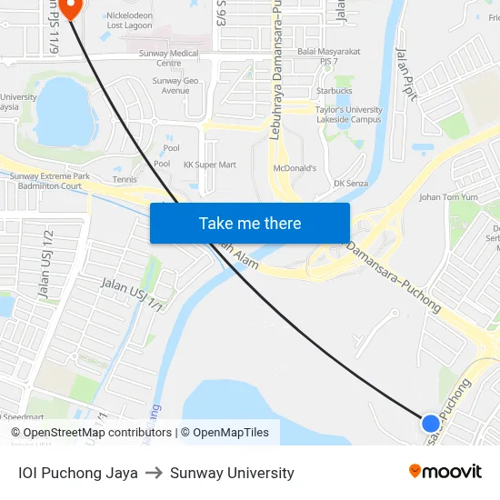 IOI Puchong Jaya to Sunway University map