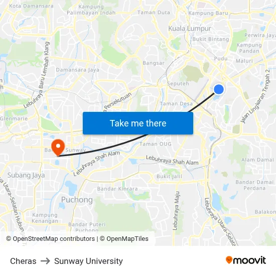 Cheras to Sunway University map