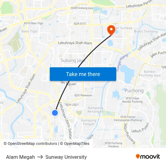 Alam Megah to Sunway University map