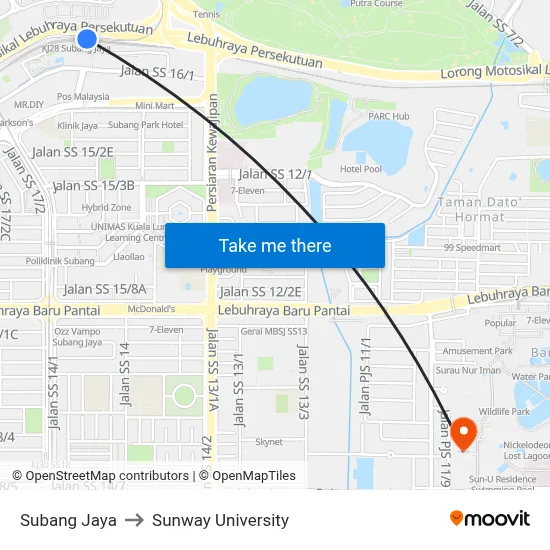 Subang Jaya to Sunway University map