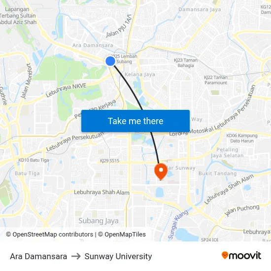 Ara Damansara to Sunway University map