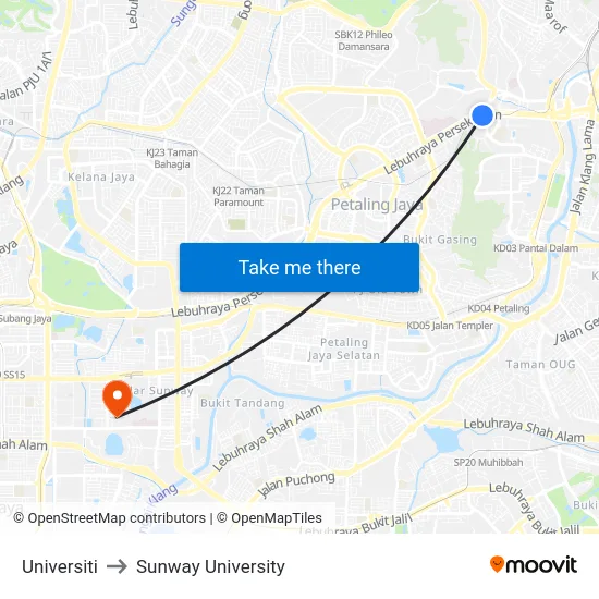 Universiti to Sunway University map