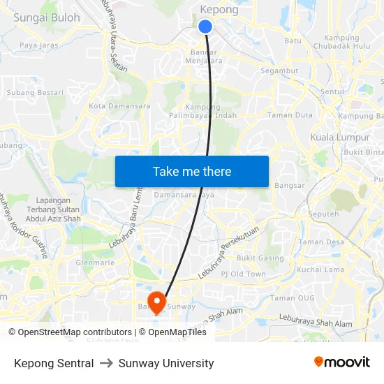 Kepong Sentral to Sunway University map